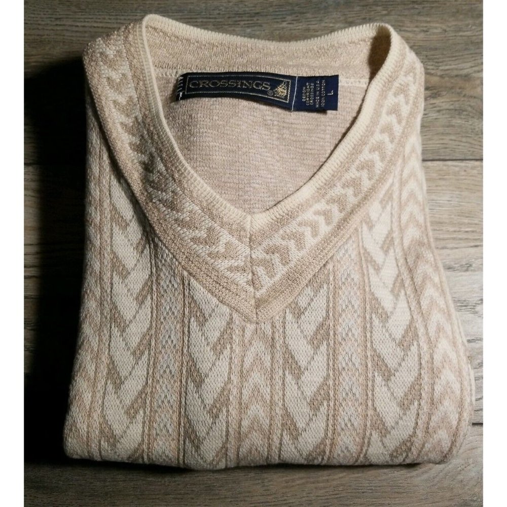 Crossings Mens Large Long Sleeve Tan Winter Warm USA Made Cotton Loose Wrist - Picture 6 of 7